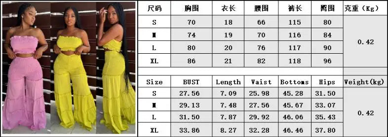 2pc Boho Ruffled Strapless Crop Tube Top + Wide Leg Pants Suit