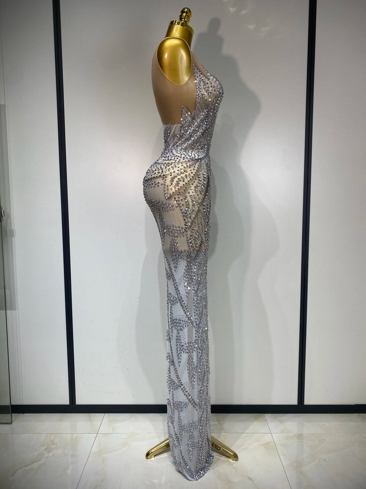 Luxury Rhinestone Sleeveless Silver Maxi Dresses (See Through)