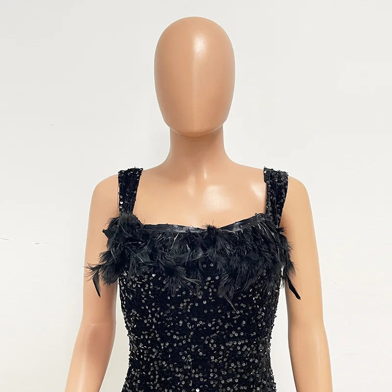 Short Sequins Halter Feathers Spicy Dresses