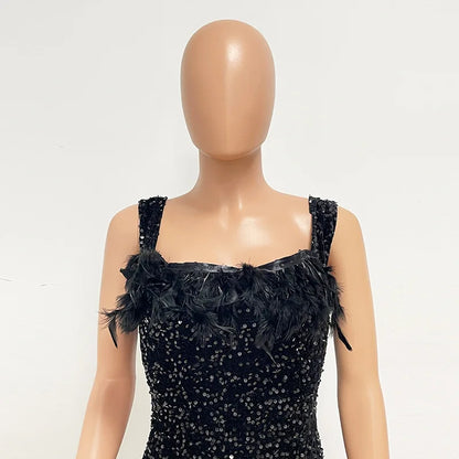Short Sequins Halter Feathers Spicy Dresses
