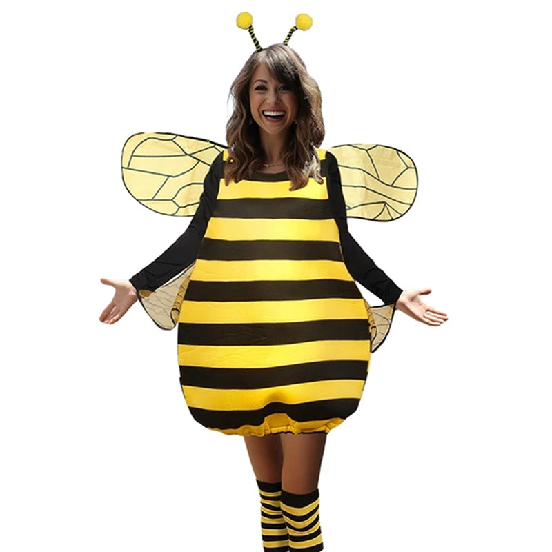 Halloween Striped Patchwork Bee Costume for Women with Knee-high Socks and Hair Hoop Cosplay Outfi