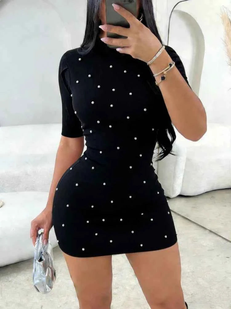 Sundress Short Sleeve Rhinestone Embellished Stretchy Ribbed Knit Bodycon Mini Dresses