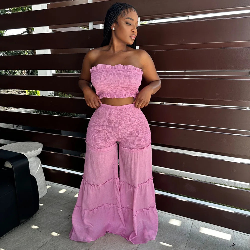 2pc Boho Ruffled Strapless Crop Tube Top + Wide Leg Pants Suit