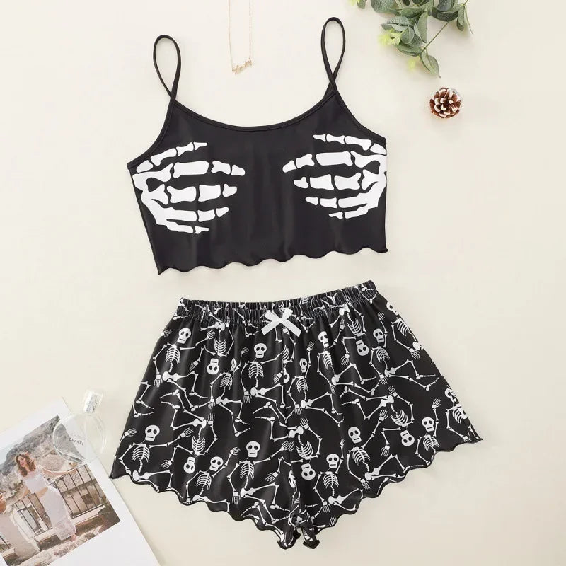 Alien Print Sling Pajamas Set (Top And Shorts)