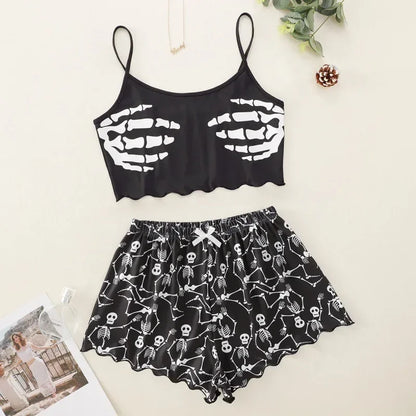 Alien Print Sling Pajamas Set (Top And Shorts)