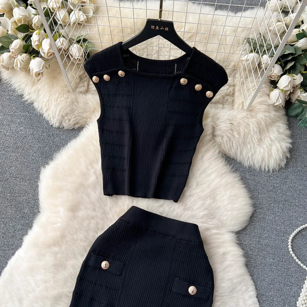 Knitted 2 Pcs. Buttons Crop Top Tanks + Slit Midi Skirt Set