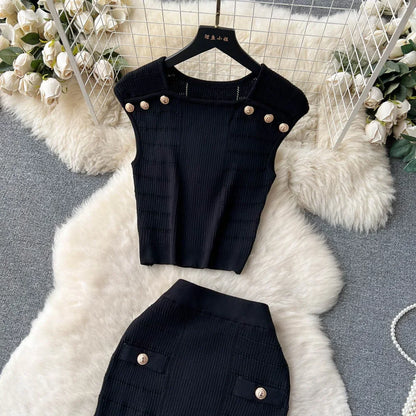 Knitted 2 Pcs. Buttons Crop Top Tanks + Slit Midi Skirt Set