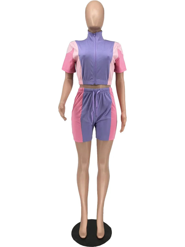 Short Sleeve Crop Top + Patchwork Shorts Sets