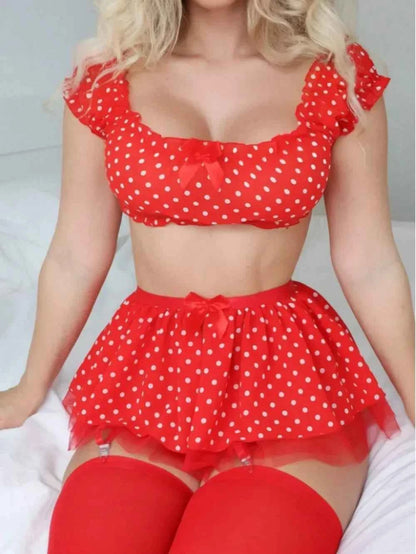 Erotic Short Skirt with Garter Straps Polka Dot + Off Shoulder Puffy Polka Bra Set