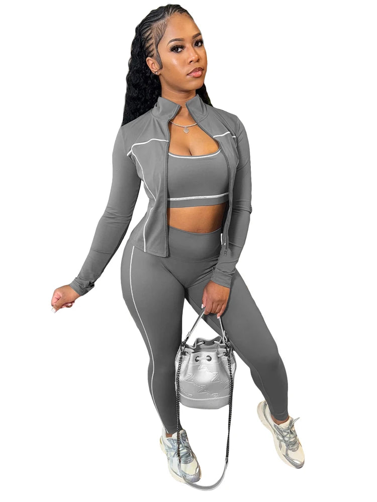Long Sleeve Jacket + Tank Top + Tight Pant Sets (3 Piece Sets)