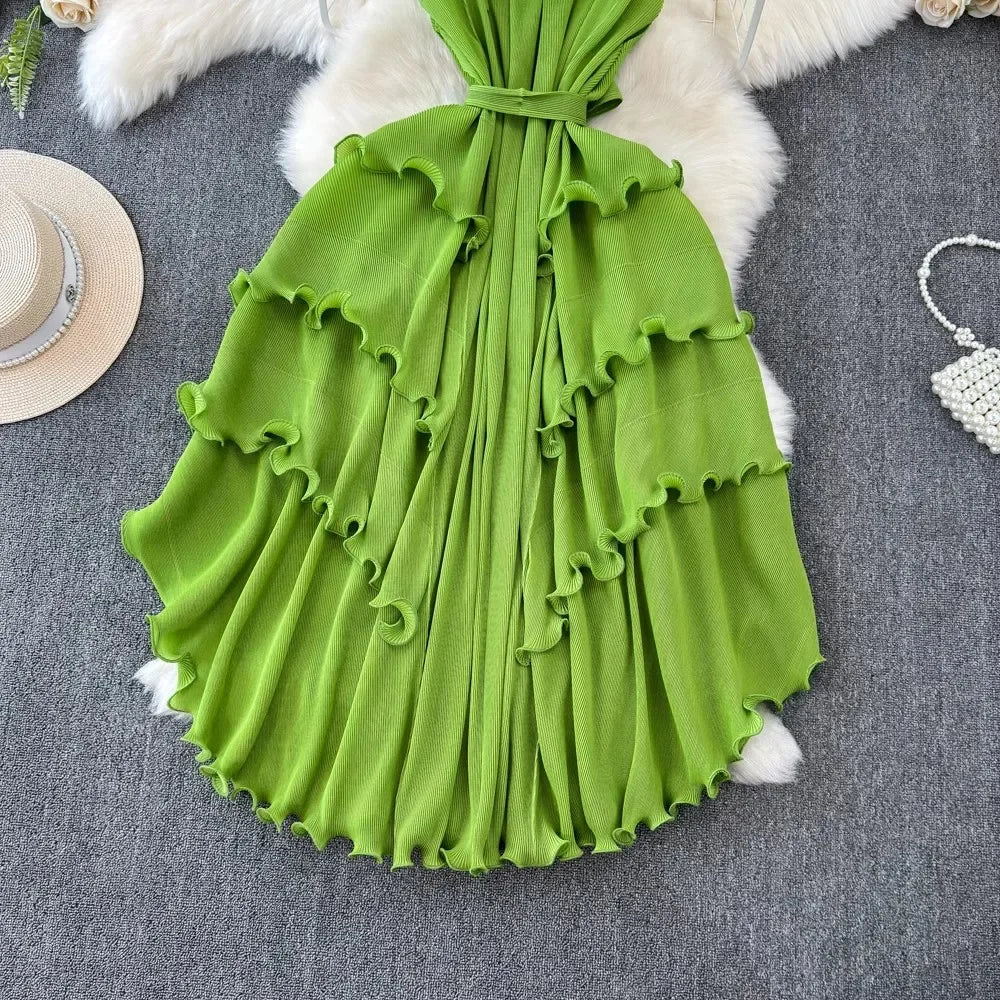 Stand Collar Lace Up Ruffles Boho Dresses