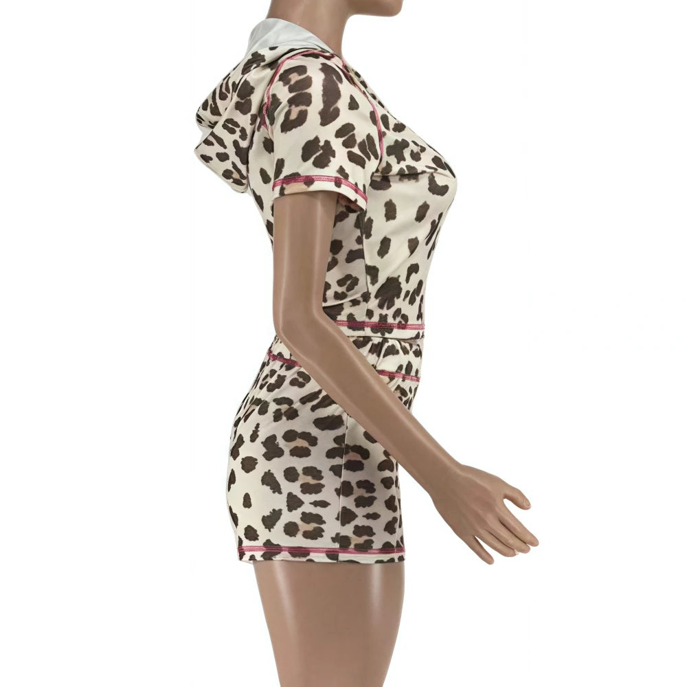 Leopard Short Sleeve Crop Top + Short Sets