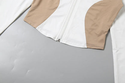 Daily Contrast Patchwork Full Sleeve Jacket+Shorts Simple Sporty Street Outfits