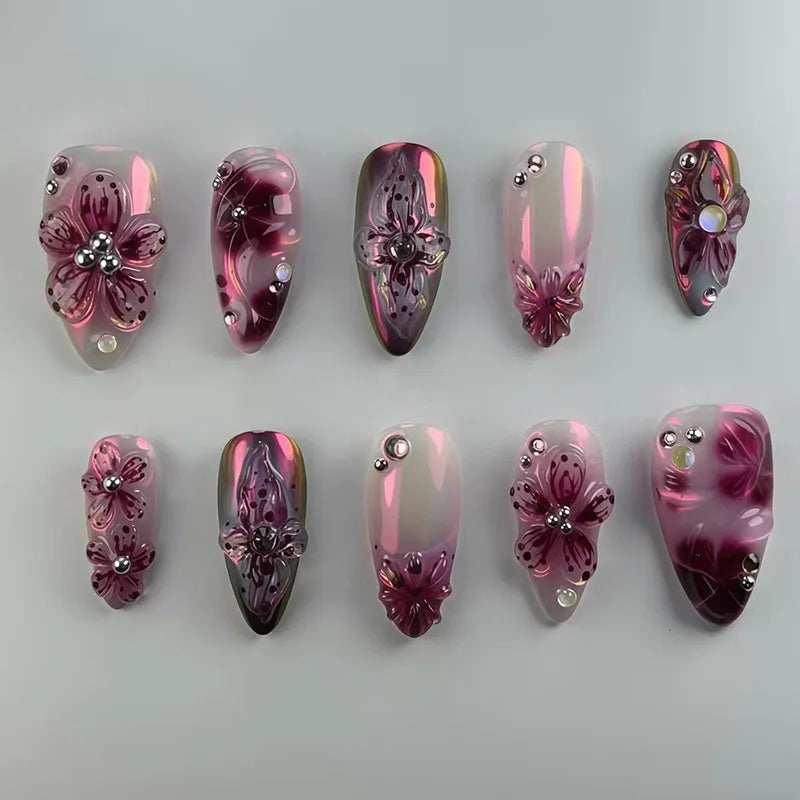 24pcs Flower Print Press on Nails Wine Red Blush Almond False Nail Tips Wearable Reusable Summer Spicy Girl Fake Nails