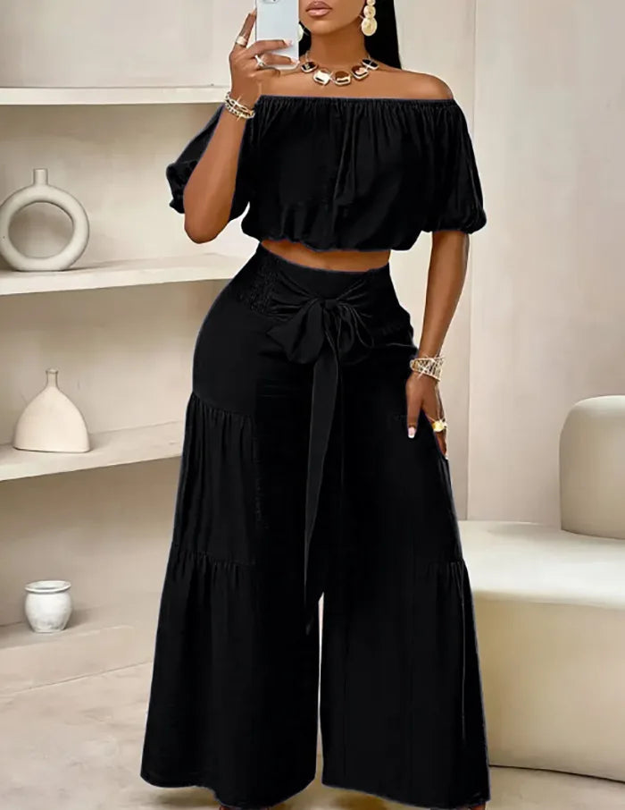 Puff Sleeve O Neck Tops + High Waist Wide Leg Pants (2 Pcs.)