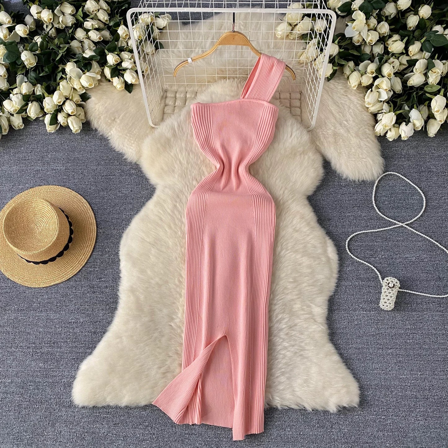 Single Shoulder Ink Knit Dress Backless Tank Striped Slim Bodycon Sundress Women Summer Beachwear Sexy Chic Vestidos