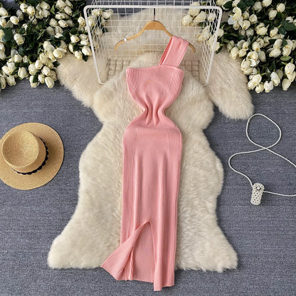 Single Shoulder Ink Knit Dress Backless Tank Striped Slim Bodycon Sundress Women Summer Beachwear Sexy Chic Vestidos