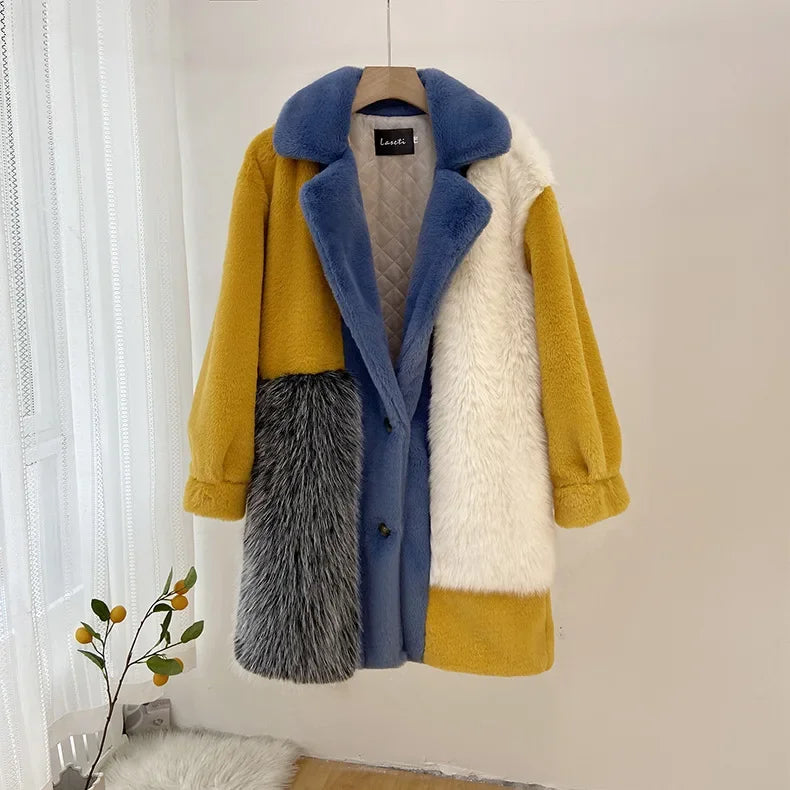 Winter Faux Fur Jackets for Women Furry Warm Splicing Contrast Color Blue Faux Fur Coat Long Jacket Cardigan Women