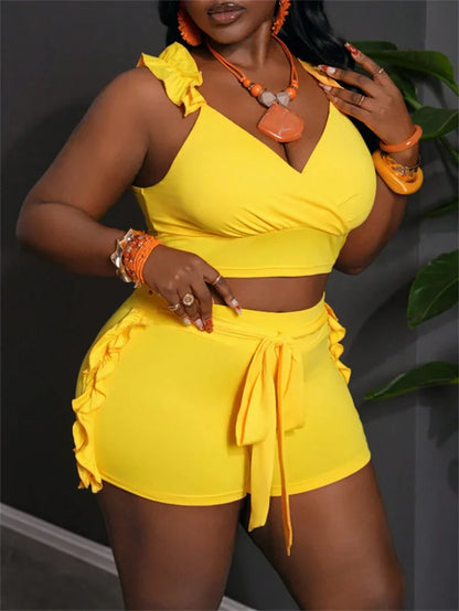 Ruffles V-neck Tank Crop Top and Lace-up Short Sets