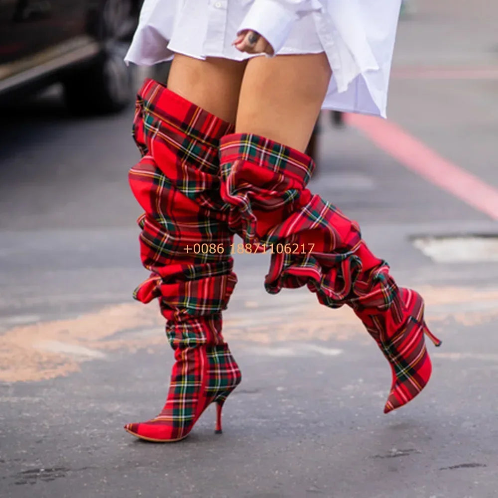 Plaid Over Knee Pointed Model Catwalk Stilettos Boots