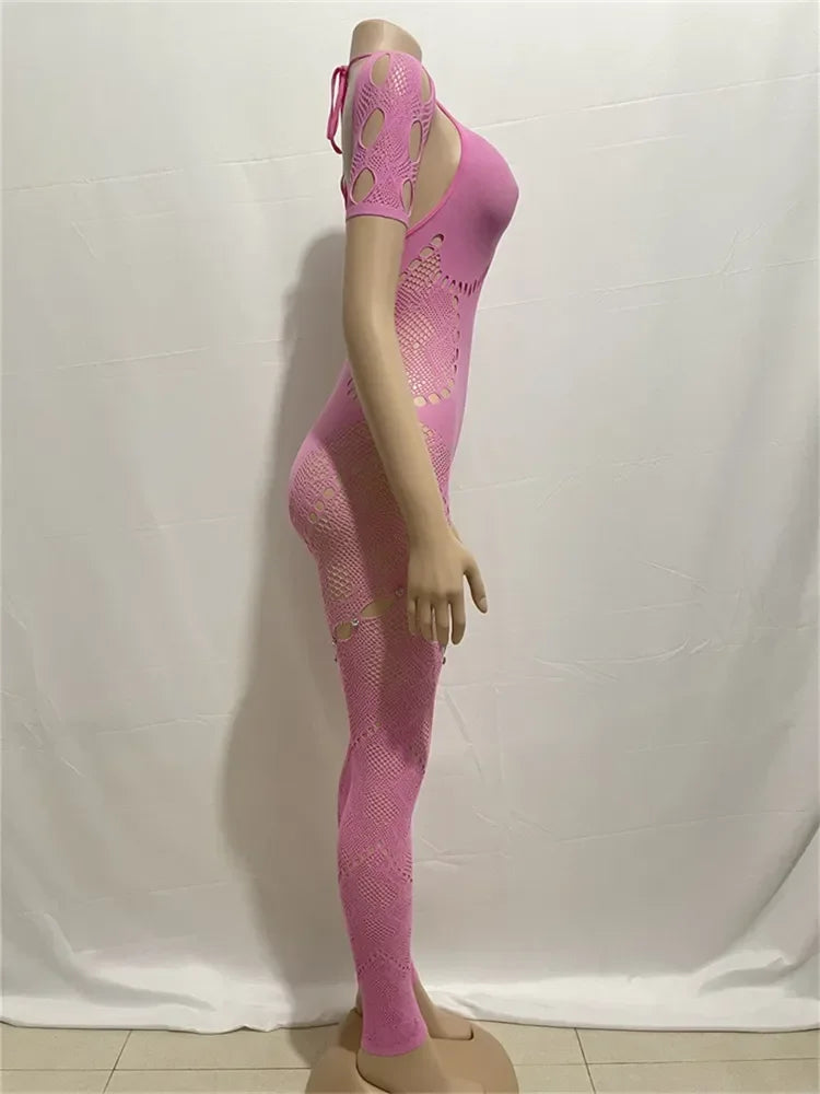 Sanaa Skinny Pink Mesh See Though One-piece Overalls