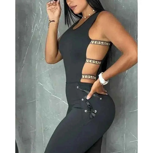 Letter Pattern Sleeveless Ladder Cut Out Jumpsuits