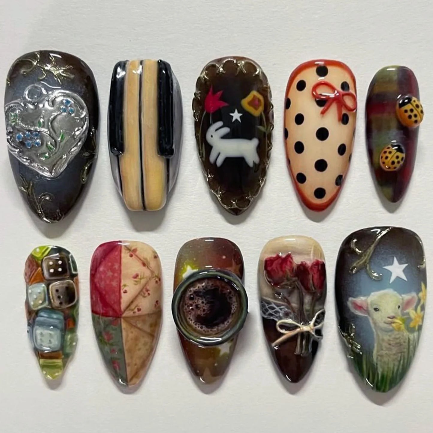 24pcs Flower Print Press on Nails Wine Red Blush Almond False Nail Tips Wearable Reusable Summer Spicy Girl Fake Nails