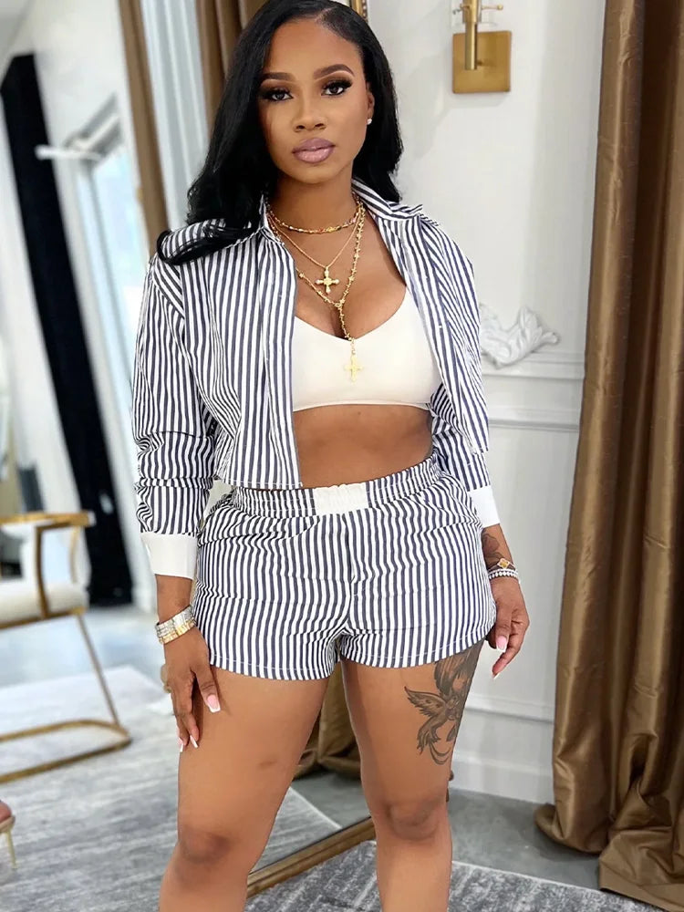 Striped Blouse Shirt Top + Matching Shorts Sets (2pcs.)