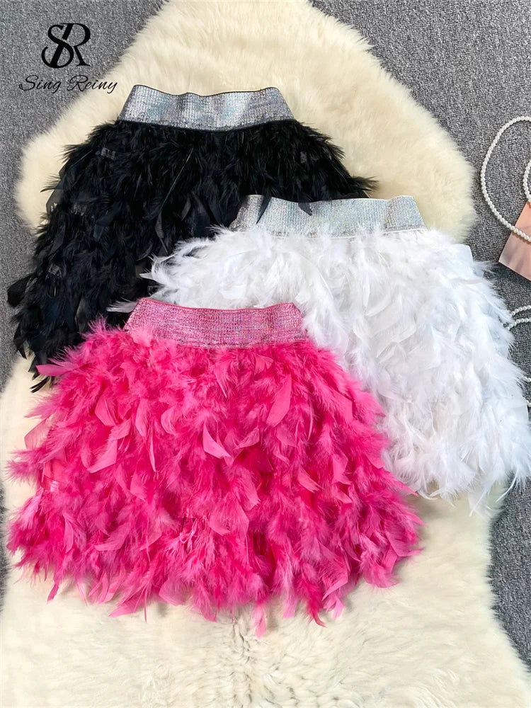 Birthday Party Skirt High Quality Elastic Waist Mini Skirt Fairy Style Sweet Feather Splicing Ball Gown Skirt