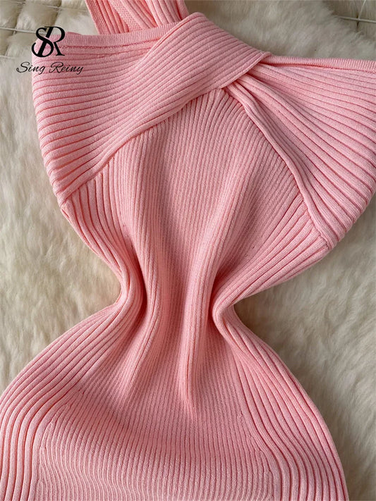 Single Shoulder Ink Knit Dress Backless Tank Striped Slim Bodycon Sundress Women Summer Beachwear Sexy Chic Vestidos