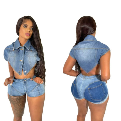 Denim Top Single Breasted + Short Matching Sets