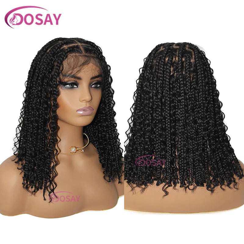 Sue Synthetic Curly Wigs Short Bob 360 Full Lace Braids Wigs 12 Inch Boho Knotless Braided Wigs Goddess Box Wig Pre-Pluck Baby Hair