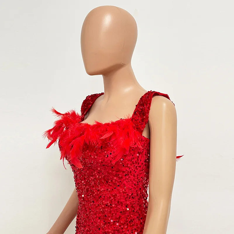 Short Sequins Halter Feathers Spicy Dresses