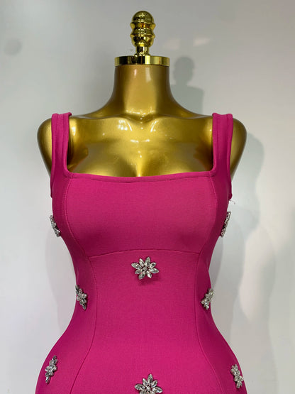 Crystal Sleeveless Square Collar Bodycon Mini Bandage Dresses