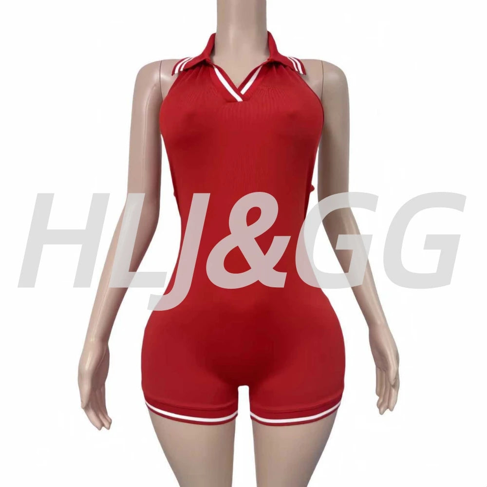 Stripe Halter Lapel Sleeveless Backless Bodycon Jumpsuits