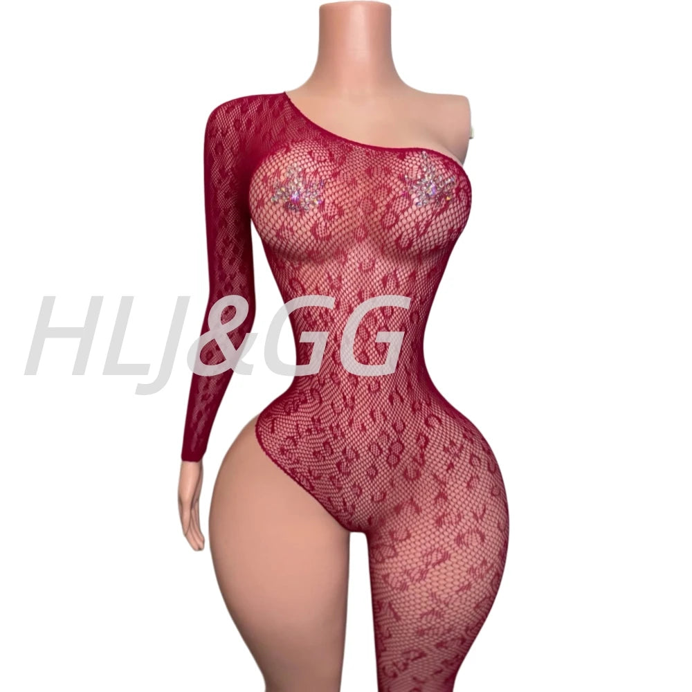 See Though Mesh Print Bodycon One Piece Jumpsuits