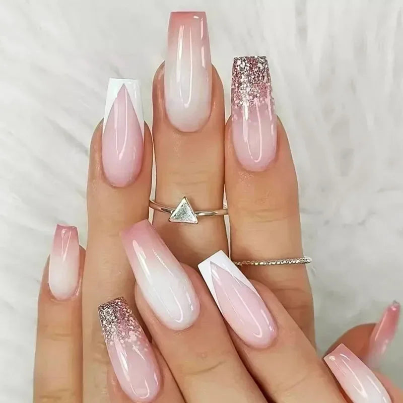 24Pcs Simple White French Press on Nails with Glue Long Ballet False Nails Wearable Coffin Fake Nails Full Cover Nail Tips
