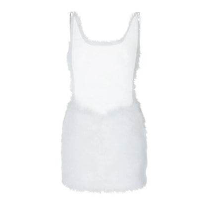 Furry Mini White Dress Hipster Spaghetti Strap Low Cut Backless Body-Shaping Vestidos Birthday Party Clubwear