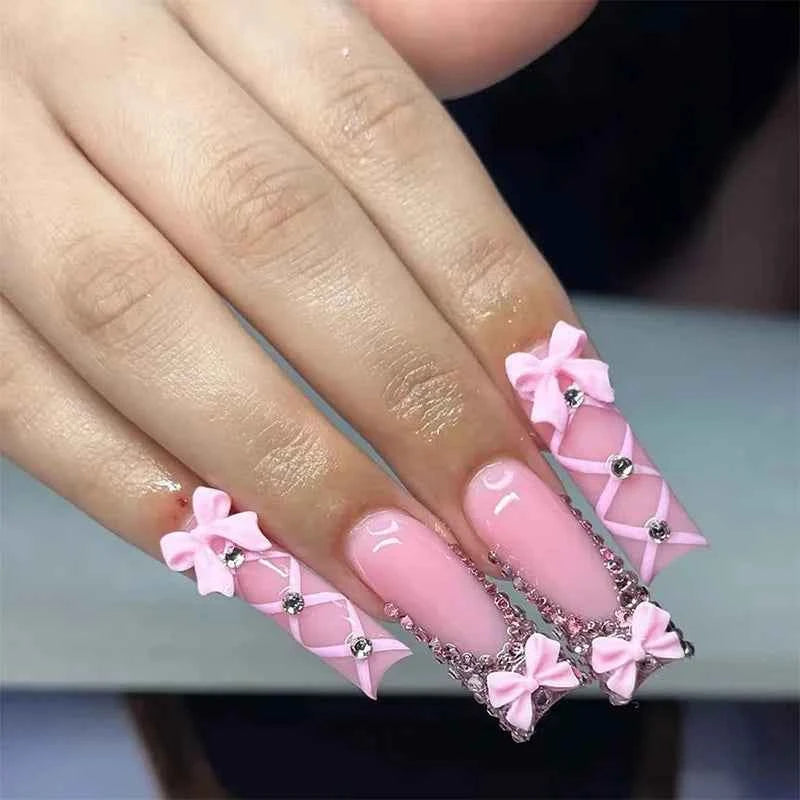 24Pcs Long Square Press on Nails Leopard Print French 3D Cherry Design False Nail Rhinestone Wearable Full Cover Fake Nails Tips