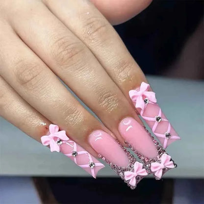 24Pcs Long Square Press on Nails Leopard Print French 3D Cherry Design False Nail Rhinestone Wearable Full Cover Fake Nails Tips