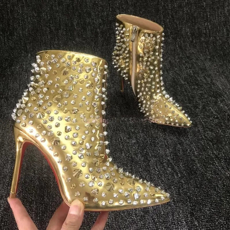 Denei Luxury Gold Leather Thin High Heel Ankle Boots