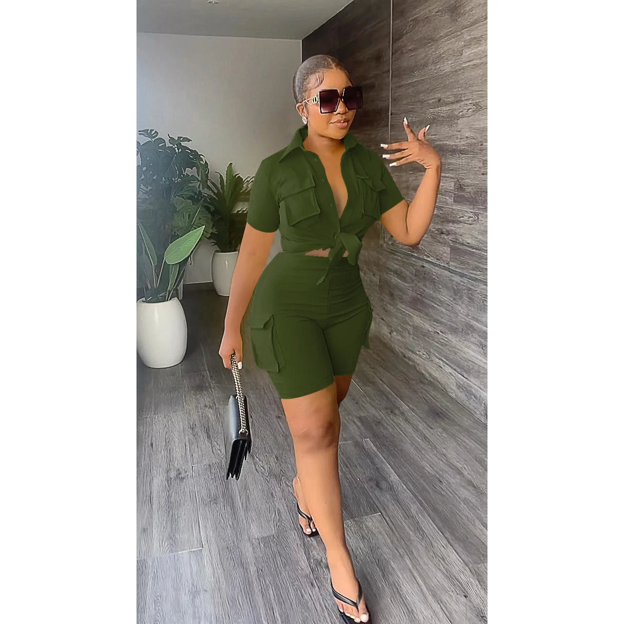 Pockets Short Sleeve Button-Up Shirt Top + Short Matching Sets