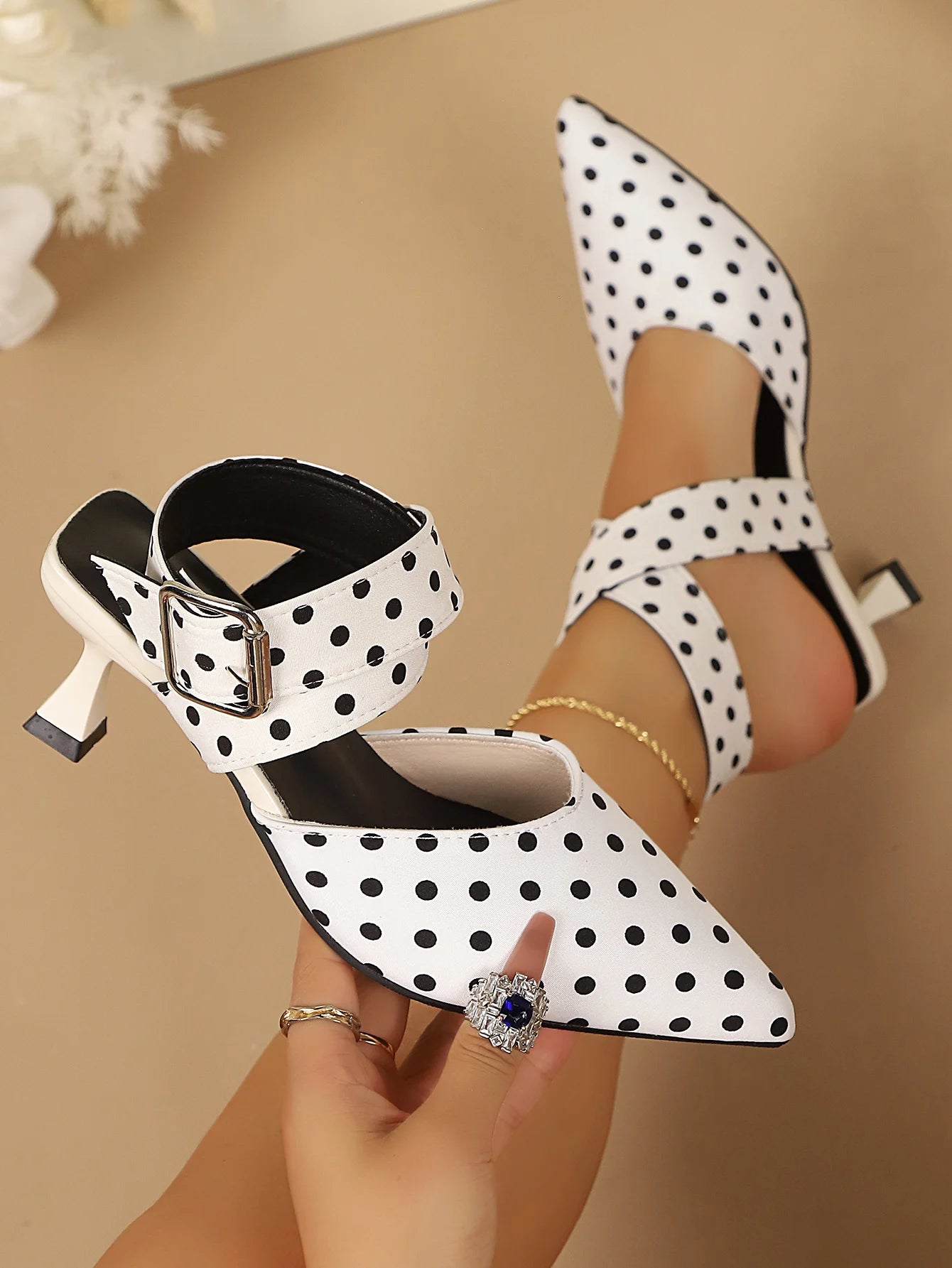New Polka Dot Slip-On Buckle Strap Elegant Footwear for Women