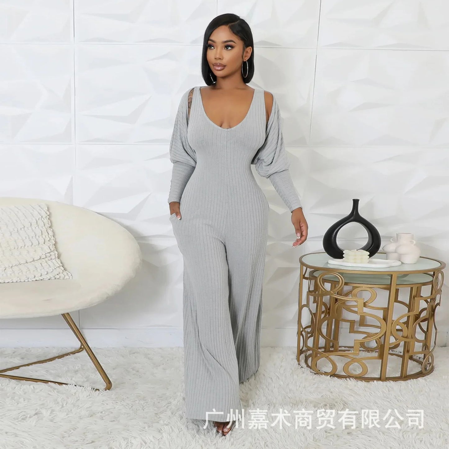 Trendy Solid Color Elastic Wide Leg Jumpsuits (2pcs.)