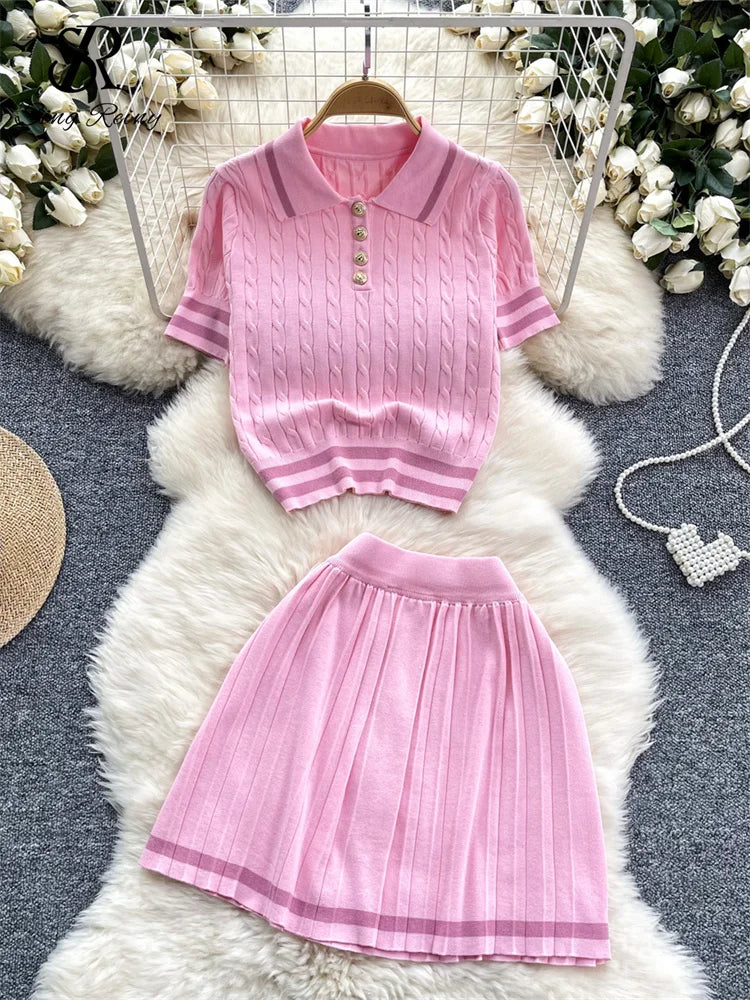 Newest Knitting Two Pieces Sets Button Vintage Basic Tops + High Waist Pleated Skirt Women Fashion 2pcs Suits