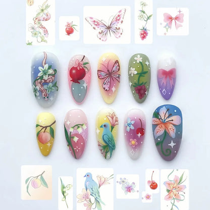 24pcs Flower Print Press on Nails Wine Red Blush Almond False Nail Tips Wearable Reusable Summer Spicy Girl Fake Nails