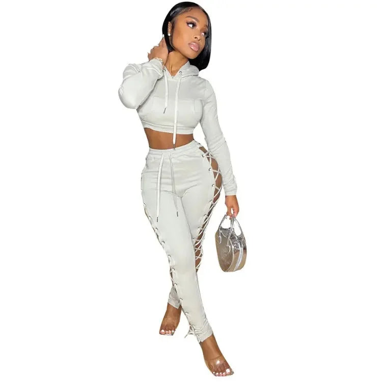 Cross-Border Tied Tops + Pants Hollow Sets(2 Piece Set)