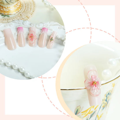 24pcs Long Ballet Fake Nail Tips Wearable Gradient Pink French Press On Nails With 3D Carving Flower Designs Sweet False Nails