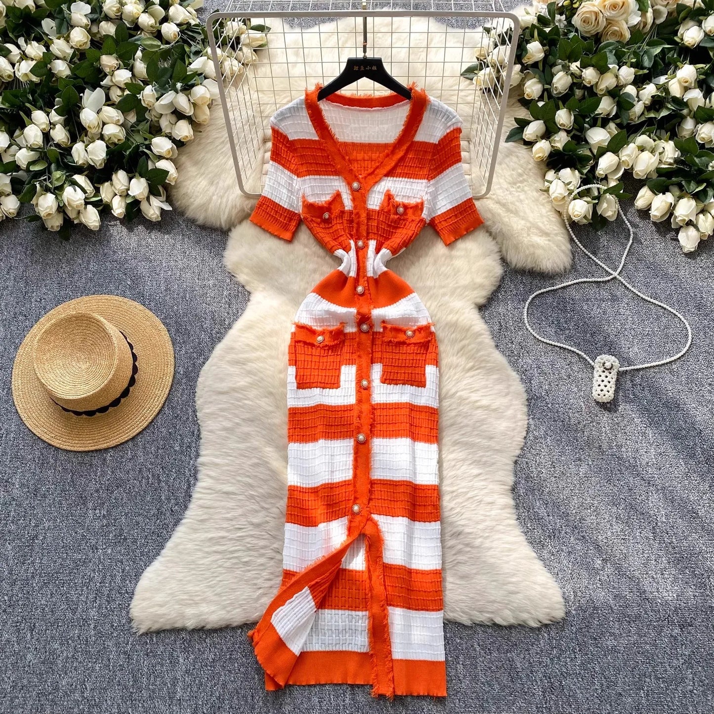 Chic Knitted Slim Waist Office Lady Sweater Maxi Dresses