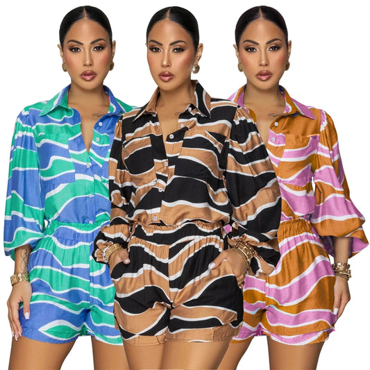 Collar Button Long Sleeve Shirt Top + Short Sets